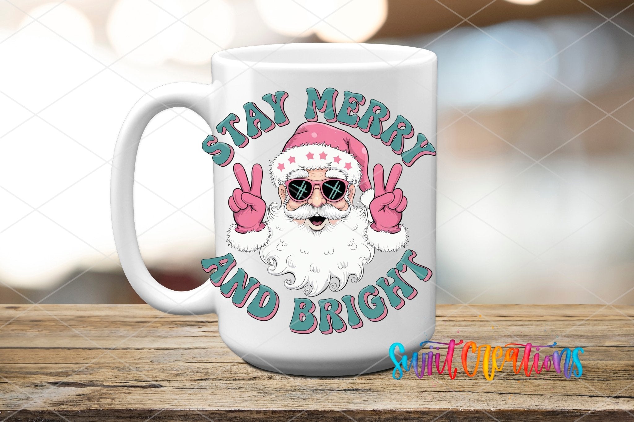 Swiit Creations UV DTF Stay Merry and Bright Santa transfer applied to a white ceramic mug