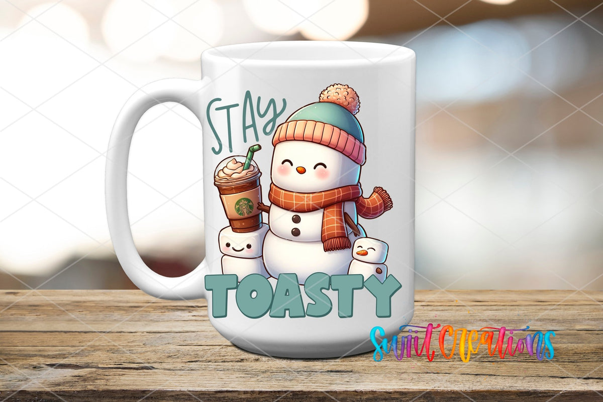 Stay Toasty UV DTF transfer on a white ceramic coffee mug