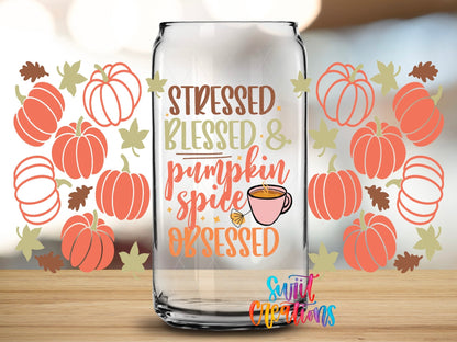 Stressed Blessed Pumpkin Spice Obsessed UV DTF Transfer Tumbler Wrap | Fall Coffee | DTF162 - Swiit Creations
