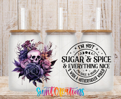 I'm Not Sugar and Spice UV DTF full wrap on three clear glass cans with bamboo lids