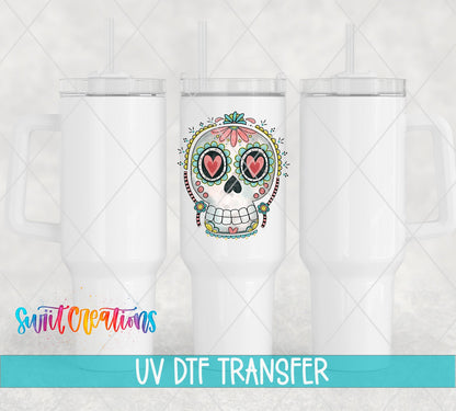 Sugar Skull Heart Eyes UV DTF transfer on white 40 oz tumblers