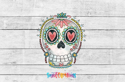 Sugar Skull Heart Eyes UV DTF transfer artwork on a white wood background