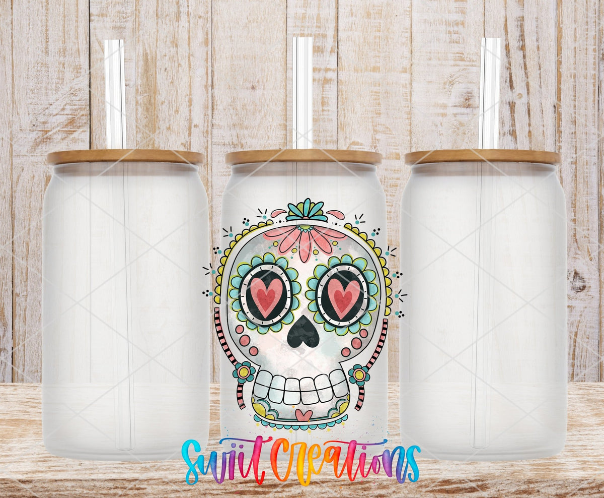 Sugar Skull Heart Eyes UV DTF transfer on frosted glass cans with bamboo lids