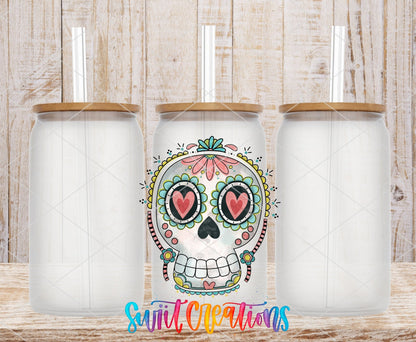 Sugar Skull Heart Eyes UV DTF transfer on frosted glass cans with bamboo lids