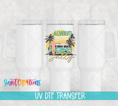 Always Salty beach van UV DTF transfer on white 40 oz tumblers