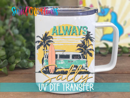 Always Salty beach van UV DTF transfer on a white stainless steel mug with a lid