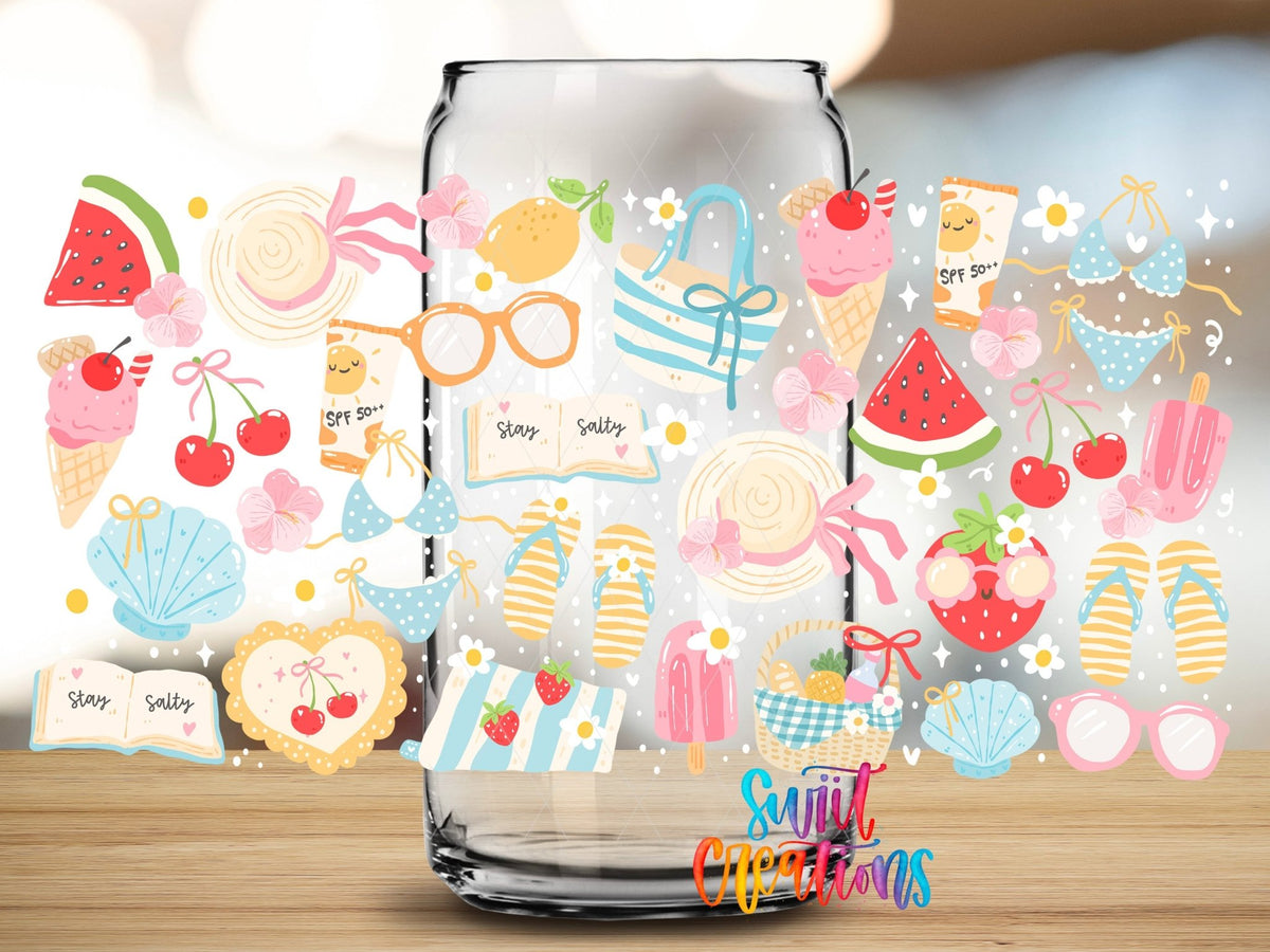 Close-up of the Summer Beach UV DTF wrap on a clear glass can