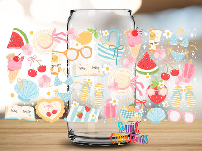 Close-up of the Summer Beach UV DTF wrap on a clear glass can