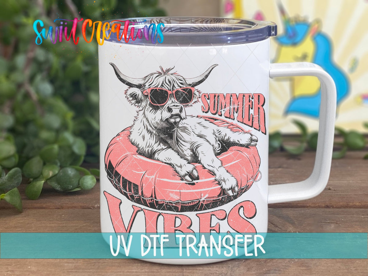 Summer Vibes highland calf in sunglasses UV DTF transfer on a white stainless steel mug with a lid