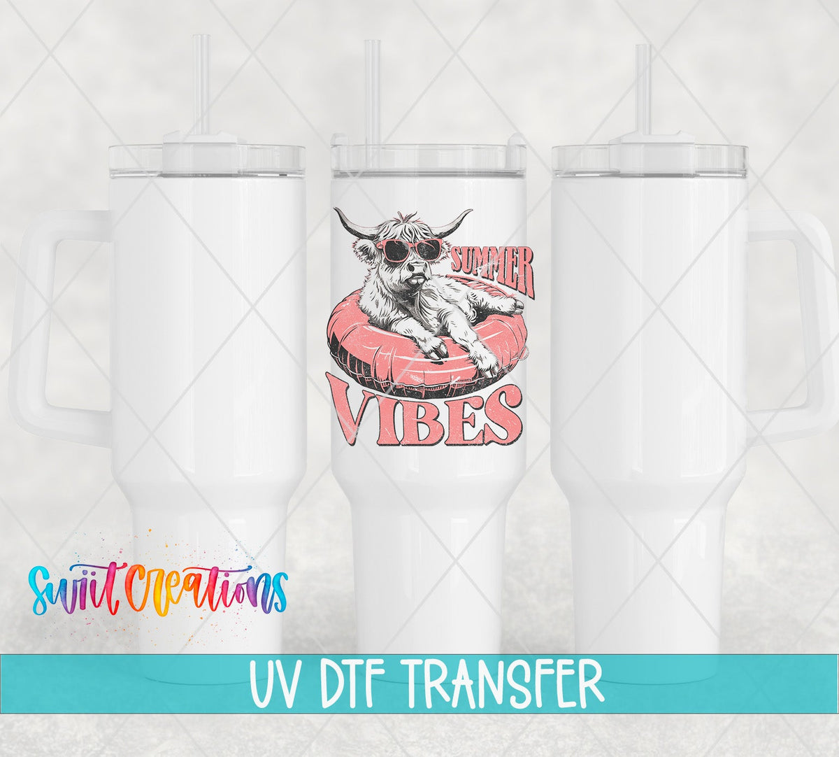 Summer Vibes highland calf in sunglasses UV DTF transfer on white 40 oz tumblers