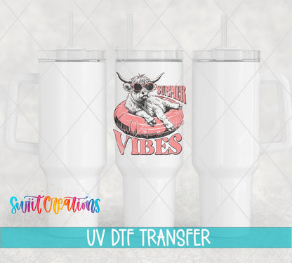 Summer Vibes highland calf in sunglasses UV DTF transfer on white 40 oz tumblers