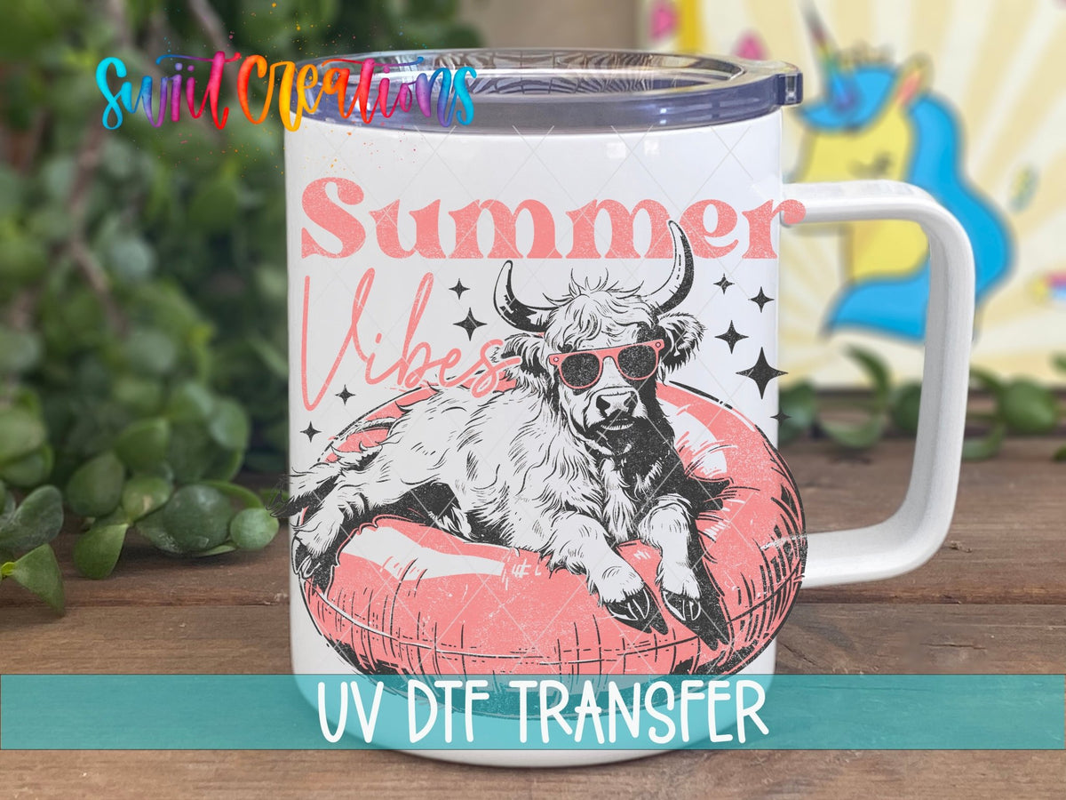 Summer Vibes highland cow and stars UV DTF transfer on a white stainless steel mug with a lid