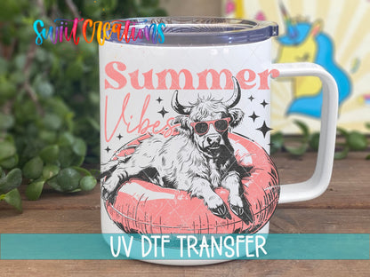 Summer Vibes highland cow and stars UV DTF transfer on a white stainless steel mug with a lid