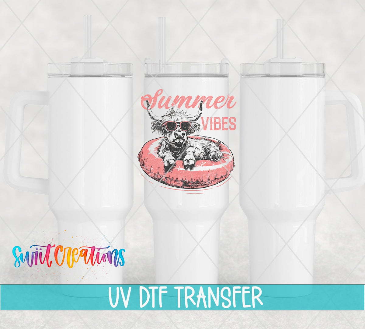 Summer Vibes highland cow on a pink float UV DTF transfer on white 40 oz tumblers