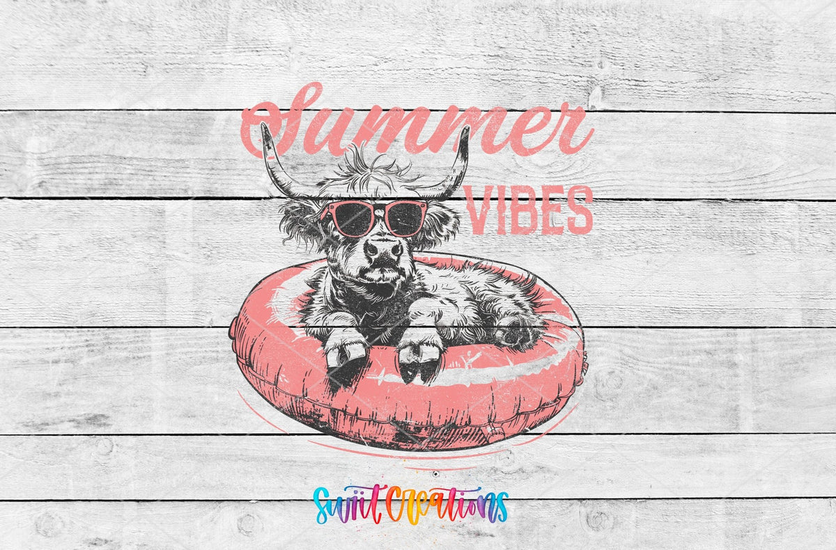 Summer Vibes highland cow on a pink float UV DTF transfer artwork on a white wood background