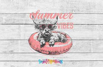 Summer Vibes highland cow on a pink float UV DTF transfer artwork on a white wood background