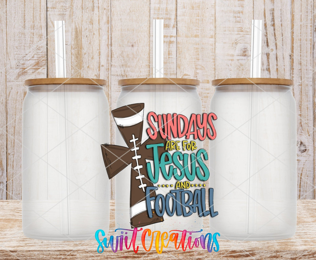 Sundays Are for Jesus and Football UV DTF transfer on frosted glass cans with bamboo lids