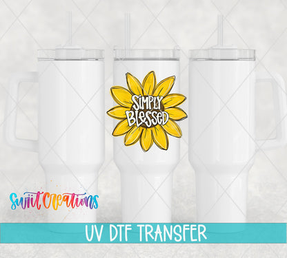 Simply Blessed UV DTF transfer on white 40 oz tumblers