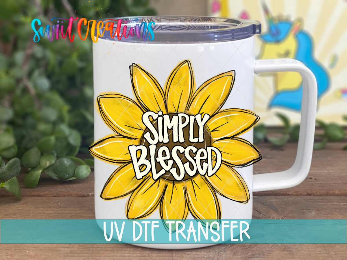 Simply Blessed UV DTF transfer on a white stainless steel mug with a lid