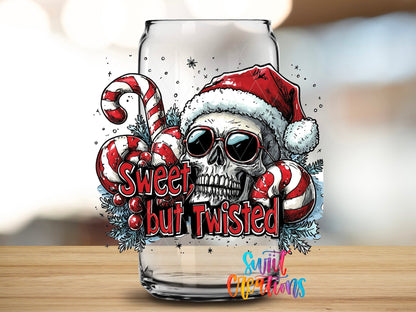 Close-up of the Sweet but Twisted UV DTF transfer on a clear glass can