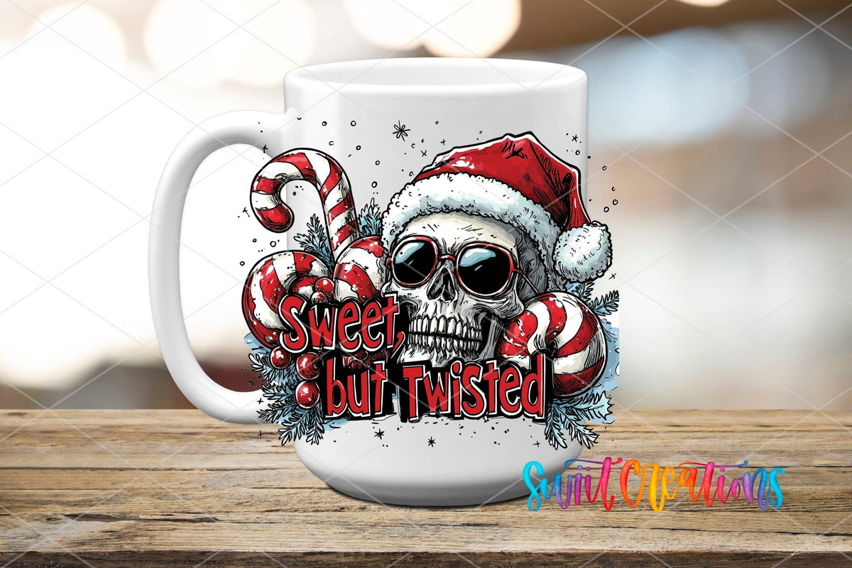 Sweet but Twisted UV DTF transfer on a white ceramic coffee mug