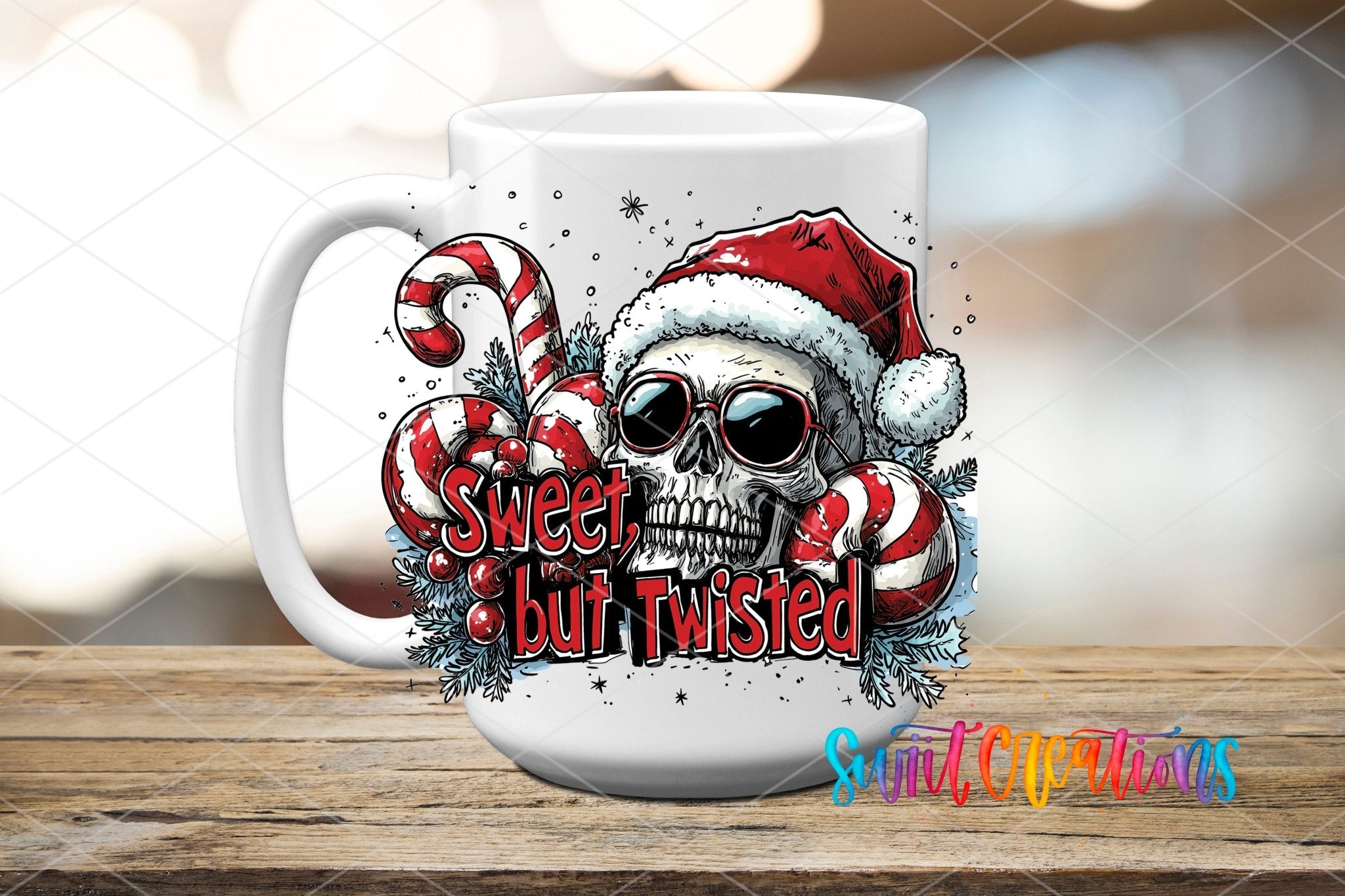 Swiit Creations UV DTF Sweet But Twisted Christmas Skull transfer applied to a white ceramic mug