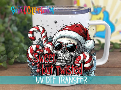 Sweet but Twisted UV DTF transfer on a white stainless steel mug with a lid