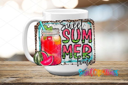 Sweet Summer Time UV DTF transfer on a white ceramic coffee mug