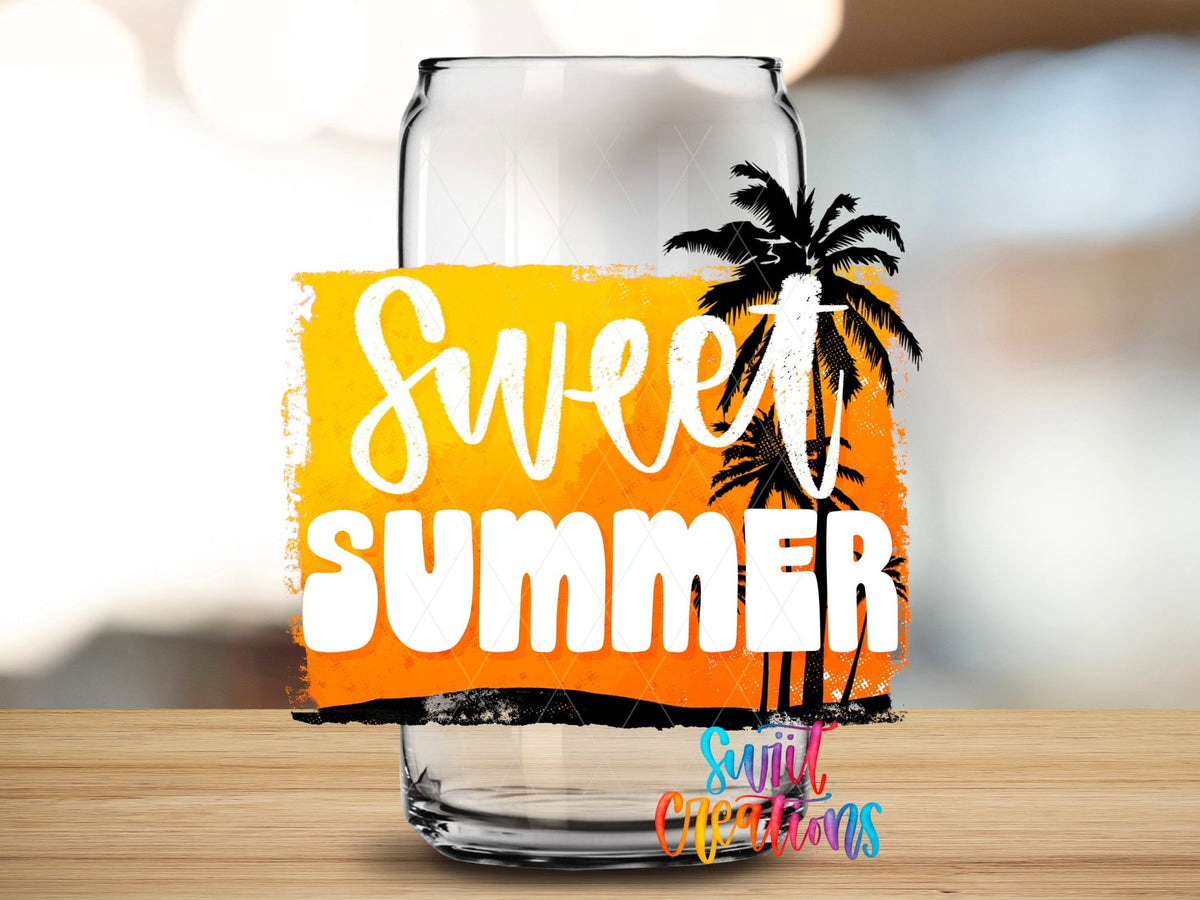 Close-up of the Sweet Summer UV DTF transfer on a clear glass can