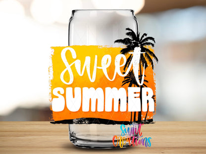 Close-up of the Sweet Summer UV DTF transfer on a clear glass can