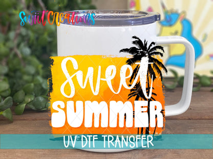 Sweet Summer UV DTF transfer on a white stainless steel mug with a lid