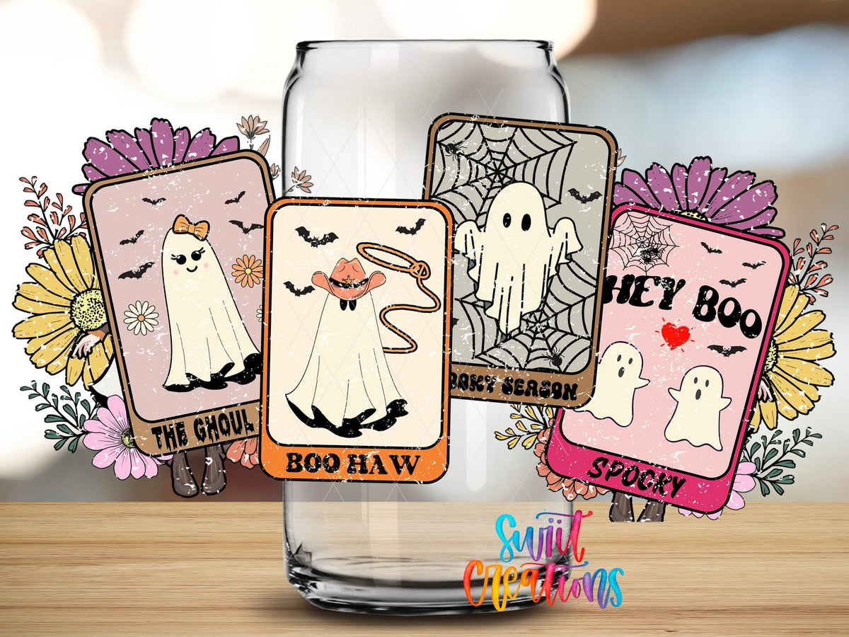 Close-up of the Tarot Card Ghosts UV DTF wrap on a clear glass can