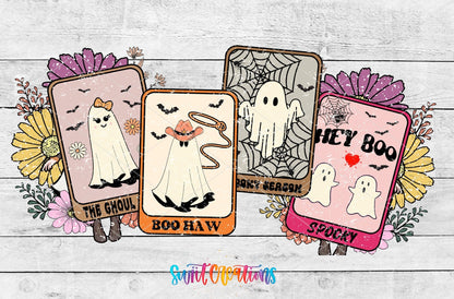 Tarot Card Ghosts UV DTF wrap artwork on a white wood background