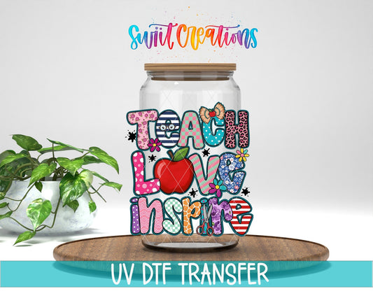 Teach Love Inspire Colorful Teacher UV DTF transfer displayed on a clear jar mockup from Swiit Creations