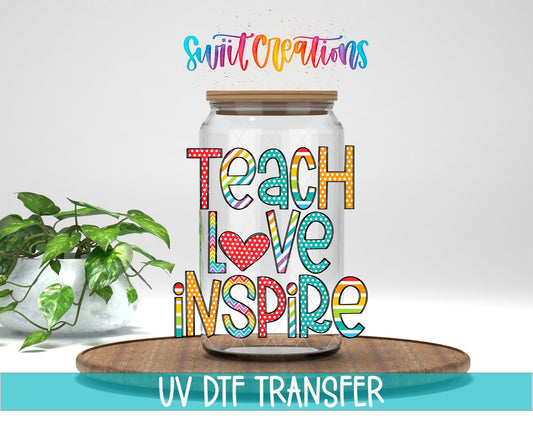 Swiit Creations UV DTF Teach Love Inspire transfer displayed on a clear jar mockup