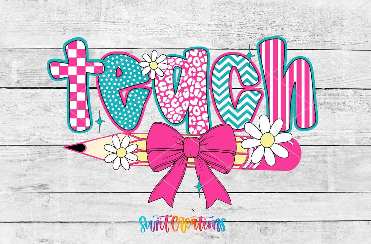 Teach pink bow and pencil UV DTF transfer artwork on a white wood background