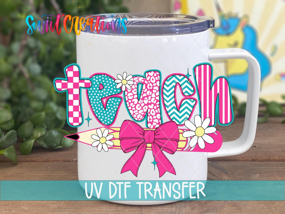 Teach pink bow and pencil UV DTF transfer on a white stainless steel mug with a lid