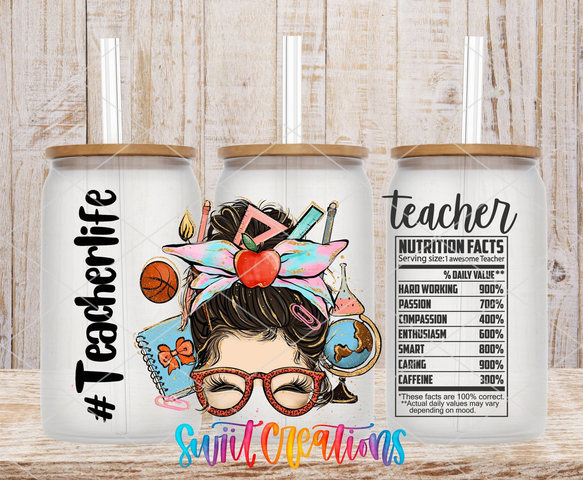 Teacher Life UV DTF wrap on three clear glass cans with bamboo lids