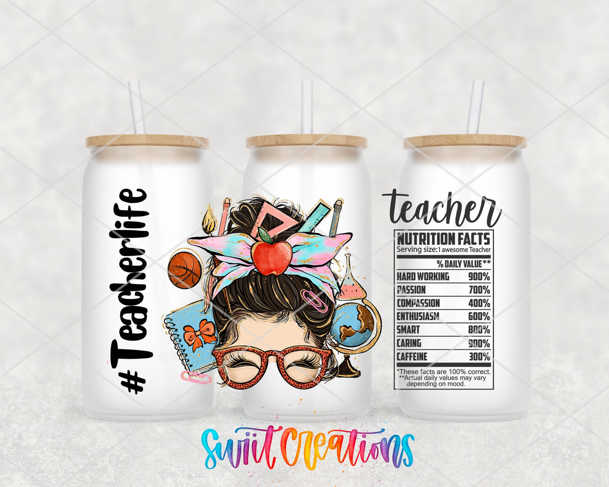 Teacher Life UV DTF wrap on three frosted glass cans