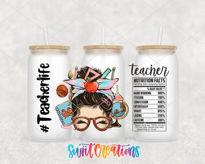 Teacher Life UV DTF wrap on three frosted glass cans
