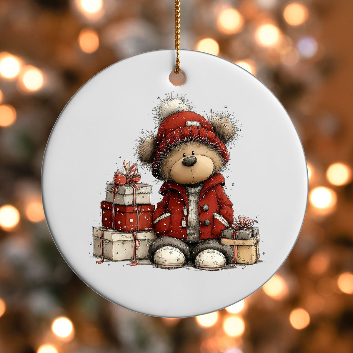 Teddy Bear by the Gifts ornament UV DTF transfer on a round white ornament with a bokeh light background
