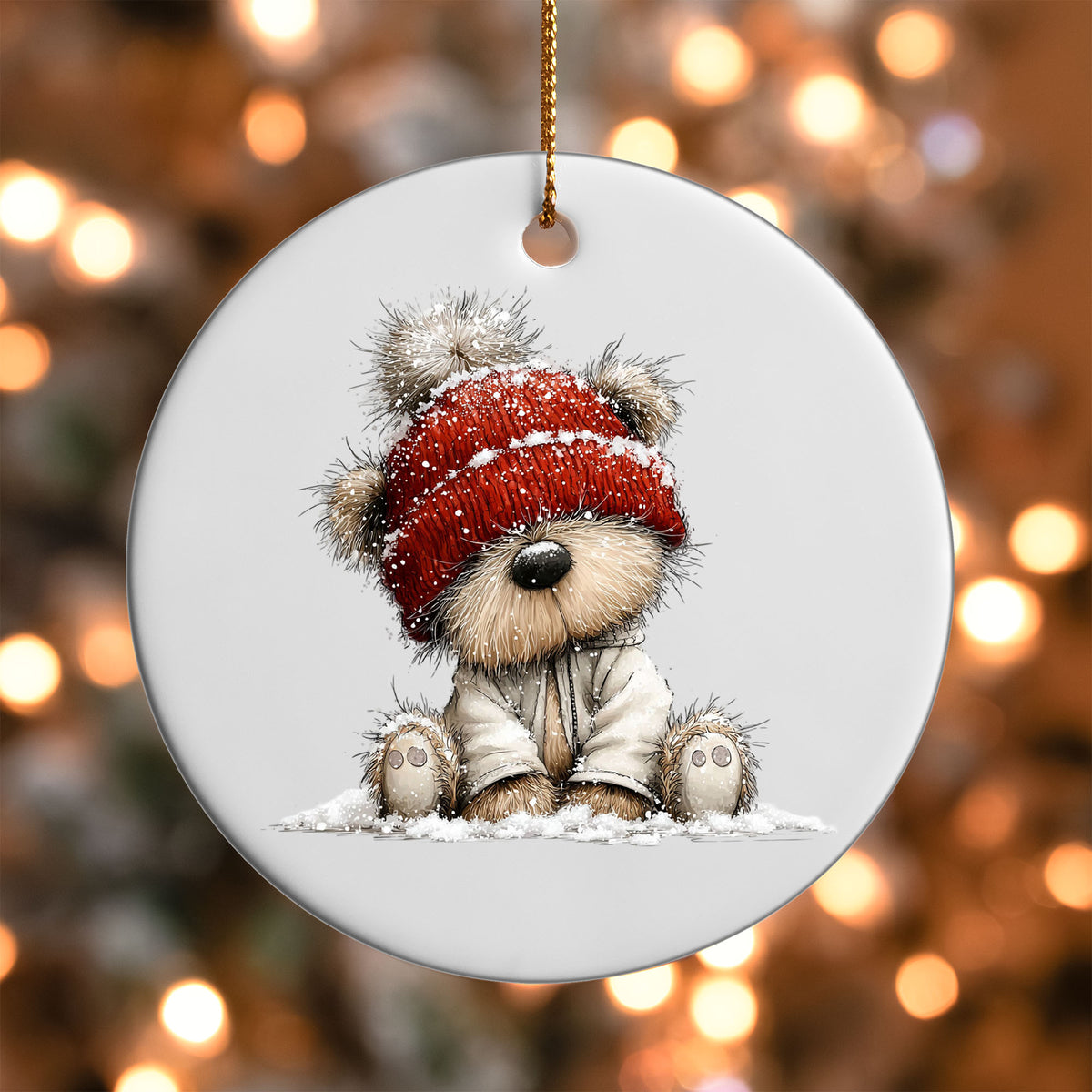 Teddy Bear in Red Beanie ornament UV DTF transfer on a round white ornament with a bokeh light background