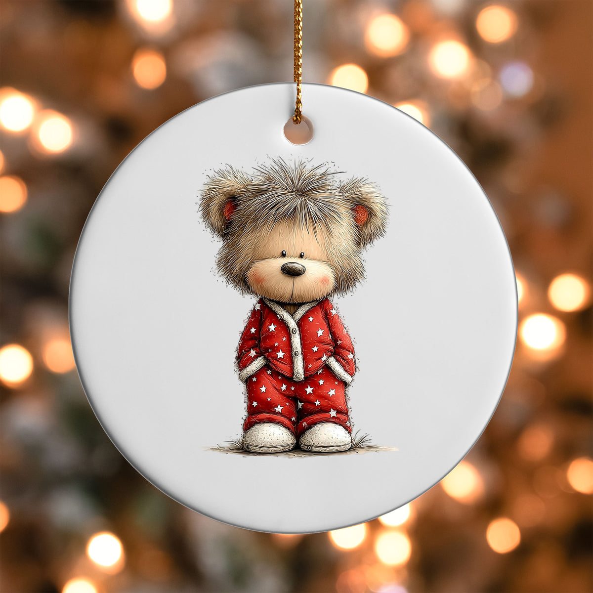 Teddy Bear in Red Pajamas ornament UV DTF transfer on a round white ornament with a bokeh light background