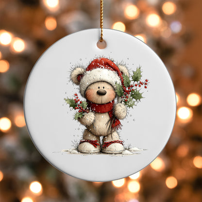 Teddy Bear in Santa Hat ornament UV DTF transfer on a round white ornament with a bokeh light background