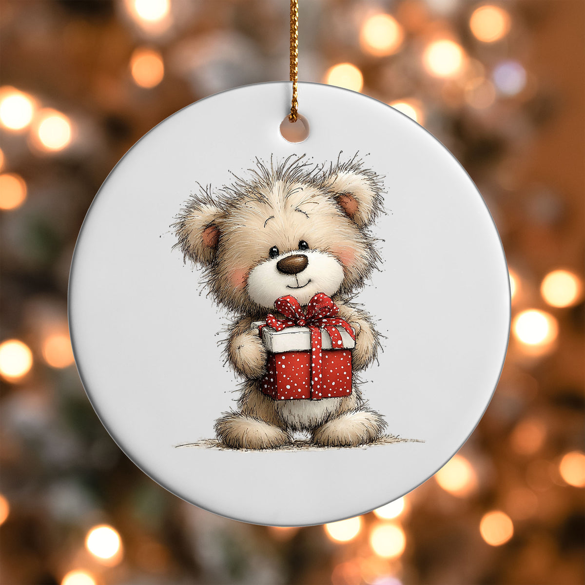 Teddy Bear with a Present ornament UV DTF transfer on a round white ornament with a bokeh light background
