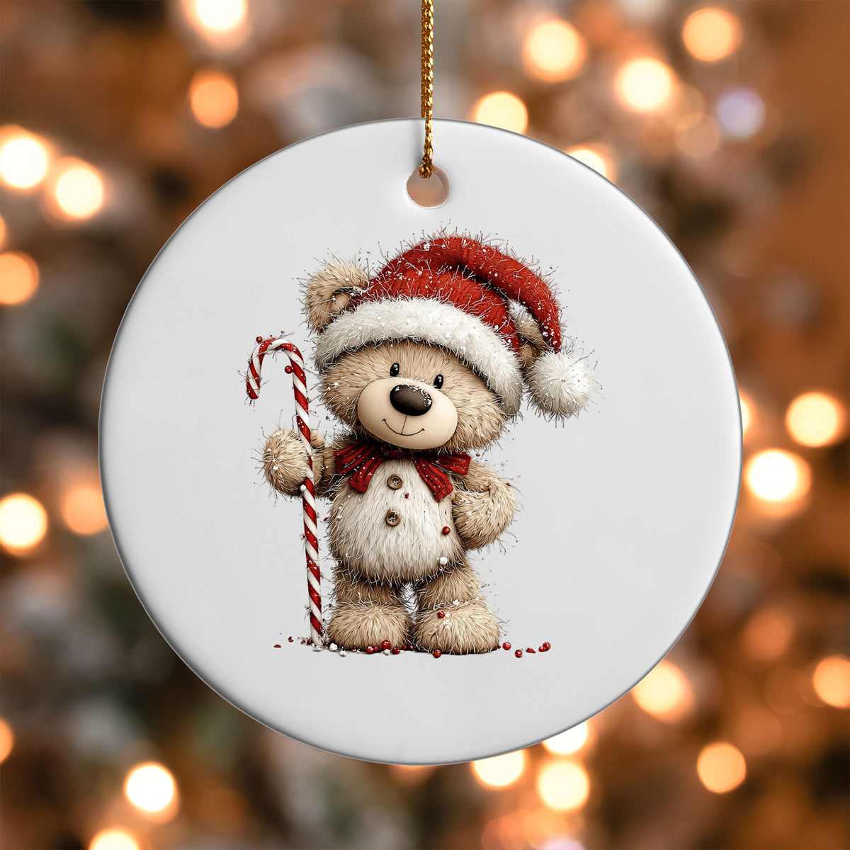 Teddy Bear with Candy Cane ornament UV DTF transfer on a round white ornament with a bokeh light background