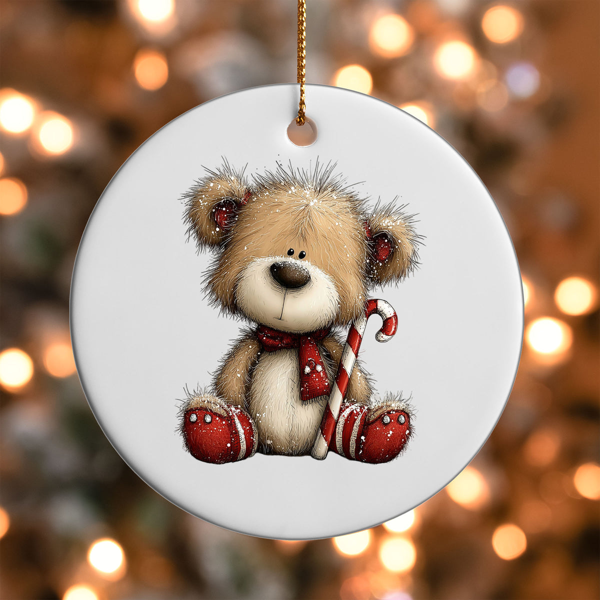 Teddy Bear with Candy Cane ornament UV DTF transfer on a round white ornament with a bokeh light background