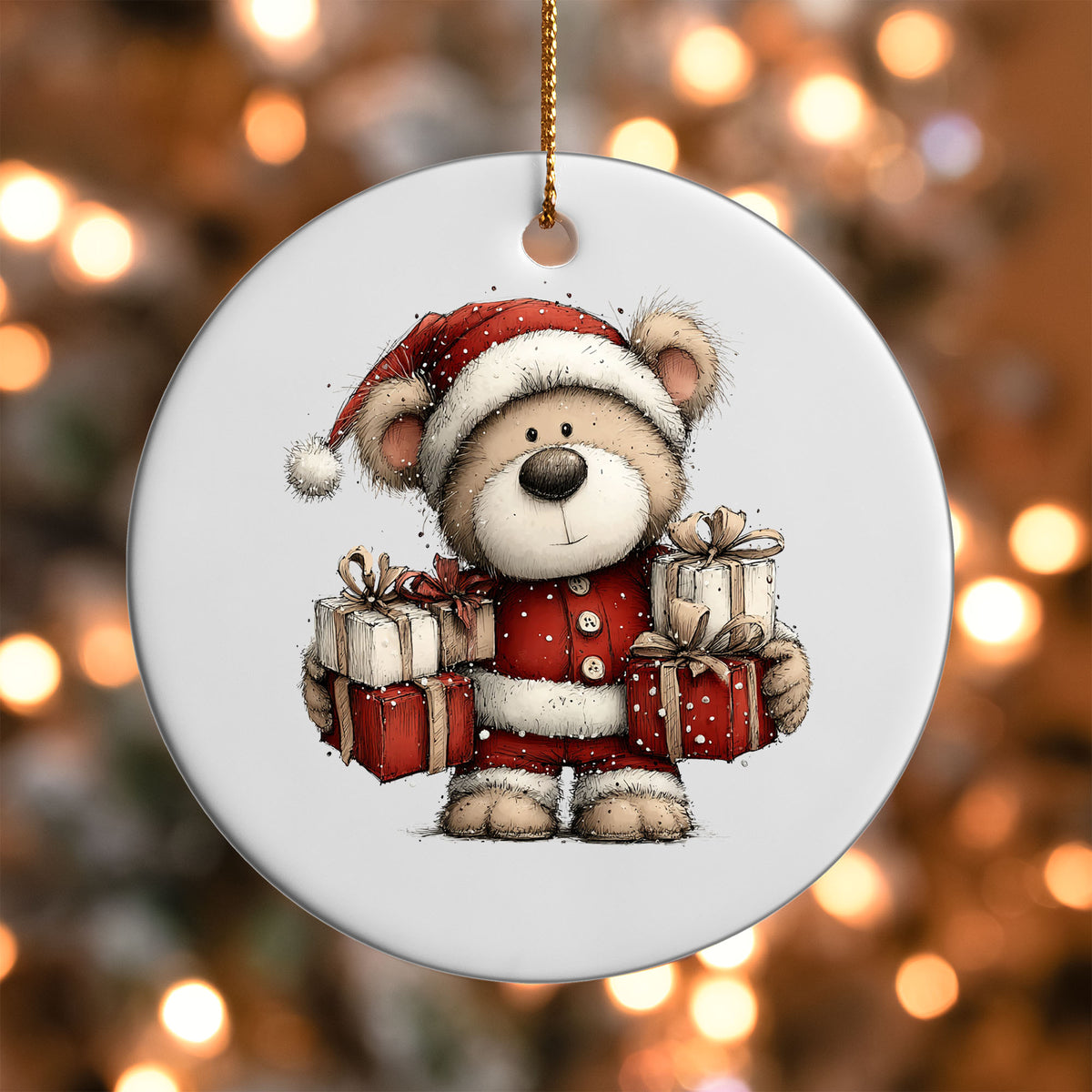 Teddy Bear with Christmas Gifts ornament UV DTF transfer on a round white ornament with a bokeh light background