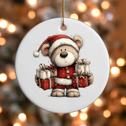 Teddy Bear with Christmas Gifts ornament UV DTF transfer on a round white ornament with a bokeh light background