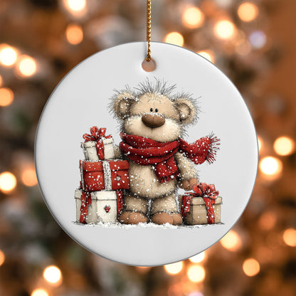 Teddy Bear with Gifts ornament UV DTF transfer on a round white ornament with a bokeh light background